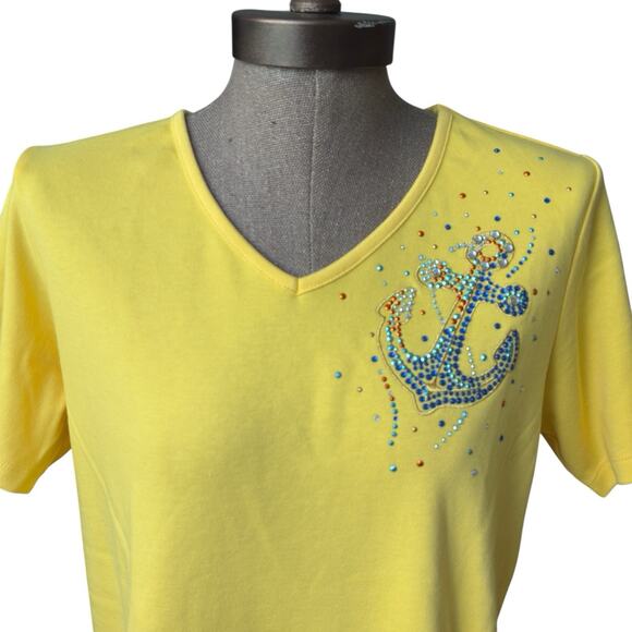 Quacker Factory Anchor Top Women's Size Small Yellow Beaded Cruise Wear Beach - Picture 1 of 5
